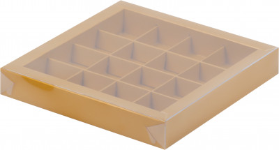 Коробка для конфет с пластиковой крышкой 200*200*30мм (золото матовая ) 16 ячеек