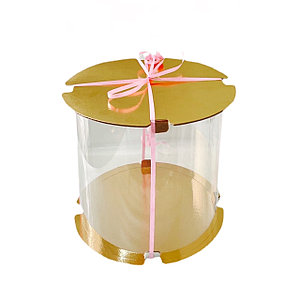 Коробка для торта, пряничный домик ТУБУС прозр.d16см h16см золото 022501